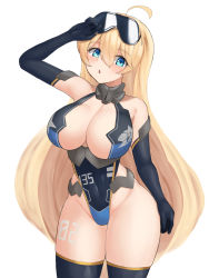 1girl, ahoge, black legwear, blonde hair, blue eyes, blush, breasts, cleavage, covered navel, elbow gloves, gloves, goggles, goggles on head, hair between eyes, highres, large breasts, last origin, leotard, long hair, looking at viewer, narodenden, open mouth, p-22 harpyia, simple background, solo, thighhighs, very long hair, white background, wide hips
