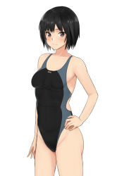 Rule 34 | 1girl, amagami, black eyes, black hair, black one-piece swimsuit, breasts, competition swimsuit, cowboy shot, hand on own hip, highres, looking at viewer, nanasaki ai, one-piece swimsuit, short hair, simple background, small breasts, solo, standing, swimsuit, two-tone background, white background, yoo tenchi