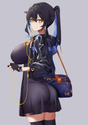 Rule 34 | 1girl, ass, back, bag, black dress, black hair, blue hair, bow, bowtie, breasts, closed mouth, cowboy shot, crossed bangs, dress, earphones, fingerless gloves, from behind, gloves, grey background, hair between eyes, highres, jacket, large breasts, long hair, long sleeves, looking at viewer, looking back, multicolored hair, open clothes, open jacket, original, pantylines, pond, short dress, shoulder bag, simple background, skindentation, solo, thighhighs, two-tone hair, xiujia yihuizi, yellow eyes, zettai ryouiki