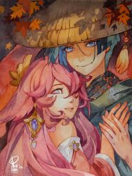 Rule 34 | 1boy, 1girl, 2022, animal ears, artist name, black kimono, blue eyes, detached sleeves, earrings, fox ears, genshin impact, hair between eyes, hair strand, hat, highres, japanese clothes, jewelry, kimono, leaf, long hair, looking at viewer, maple leaf, no pupils, philiera, pink hair, purple eyes, russian commentary, scaramouche (genshin impact), short hair, smile, yae miko