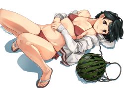 Rule 34 | 1girl, bad id, bad pixiv id, bikini, black hair, breasts, brown eyes, collarbone, food, fruit, full body, jacket, kantai collection, looking at viewer, lying, makio (makiomeigenbot), mogami (kancolle), navel, red bikini, sandals, short hair, side-tie bikini bottom, simple background, small breasts, solo, swept bangs, swimsuit, watermelon, white background, white jacket