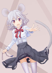 Rule 34 | 1girl, animal ears, capelet, gem, grey eyes, highres, ikamagu, jewelry, unworn jewelry, long sleeves, looking at viewer, mouse ears, mouse tail, nazrin, necklace, unworn necklace, open mouth, outstretched arm, panties, pantyshot, pendant, pink panties, red eyes, shirt, silver hair, simple background, skirt, smile, solo, standing, tail, thighhighs, touhou, underwear, white thighhighs