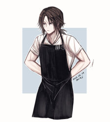 Rule 34 | 1boy, alternate costume, apron, arms behind back, black apron, blue background, blue eyes, brown hair, commentary request, cropped legs, dated, final fantasy, final fantasy viii, hiryuu (kana h), jewelry, low ponytail, male focus, medium hair, necklace, ponytail, scar, scar on face, shirt, signature, simple background, solo, squall leonhart, square background, standing, t-shirt, tying, tying apron, v-neck, white shirt