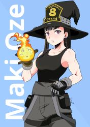 Rule 34 | 1girl, artist name, bare shoulders, black hair, black hat, black tank top, blue background, breasts, character name, collarbone, commentary, en&#039;en no shouboutai, fire, hat, highres, holding flame, iaranaika, looking at viewer, maki oze, muscular, muscular female, purple eyes, simple background, solo, standing, tank top, upper body
