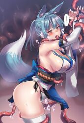 Rule 34 | 1girl, animal ear fluff, animal ears, bare shoulders, blue hair, blush, breasts, female pubic hair, fingerless gloves, fox ears, fox girl, fox tail, from side, gloves, highres, japanese clothes, open mouth, original, panties, pink eyes, pubic hair, restrained, revealing clothes, sawaya (mizukazu), side-tie panties, sideboob, speech bubble, tail, tentacle in mouth, tentacles, thighhighs, trembling, underwear, white thighhighs