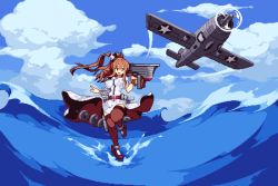 Rule 34 | 1girl, aircraft, airplane, breast pocket, breasts, brown hair, brown thighhighs, cloud, day, dress, flight deck, holding, kantai collection, large breasts, leg up, long hair, lowres, open mouth, outdoors, pixel art, pocket, ponytail, saratoga (kancolle), short sleeves, side ponytail, sky, solo, thighhighs, warabin (suteki denpun), water, white dress