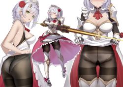 Rule 34 | 1girl, ass, black pantyhose, blush, breasts, cleavage, clothes lift, flower, genshin impact, green eyes, hair flower, hair ornament, highres, holding, holding sword, holding weapon, looking at viewer, medium breasts, noelle (genshin impact), panties, panties under pantyhose, pantyhose, red flower, red rose, rose, short hair, simple background, skirt, skirt lift, sword, terebi (shimizu1996), thighs, underwear, weapon, white background, white hair