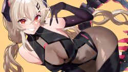 Rule 34 | 1girl, all fours, bare shoulders, black gloves, black thighhighs, bodysuit, breasts, commission, covered navel, dutch angle, elbow gloves, gloves, grin, hair between eyes, hair ornament, hairclip, headgear, highres, impossible bodysuit, impossible clothes, indie virtual youtuber, jagayamatarawo, large breasts, light brown hair, long hair, looking at viewer, low twintails, partially fingerless gloves, red eyes, saruei (vtuber), scar, scar across eye, scar on face, second-party source, simple background, skeb commission, smile, solo, tail, thighhighs, twintails, very long hair, virtual youtuber, yellow background