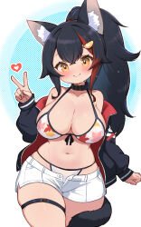 Rule 34 | 1girl, animal ear fluff, animal ears, arm at side, bare shoulders, belt, belt collar, bikini, bikini under clothes, black belt, black hair, black jacket, blush, breasts, closed mouth, collar, commentary request, crossed bangs, dot nose, double-parted bangs, front-tie bikini top, front-tie top, hair between eyes, hair ornament, hairclip, hand up, heart, high ponytail, highres, hololive, jacket, kani bonara, large breasts, leaf print, long hair, long sleeves, looking at viewer, maple leaf print, multicolored hair, navel, off shoulder, ookami mio, ookami mio (hololive summer 2019), open clothes, open jacket, red hair, short shorts, shorts, skindentation, smile, solo, stomach, streaked hair, string bikini, swimsuit, tail, tail around own leg, tail wrap, thigh belt, thigh strap, v, very long hair, virtual youtuber, white bikini, white shorts, wolf ears, wolf girl, wolf tail, yellow eyes