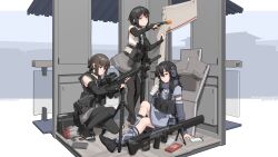 Rule 34 | 3girls, absurdres, ammunition, ammunition box, anti-materiel rifle, battle rifle, black footwear, black hair, blue eyes, borrowed character, bridal gauntlets, brown hair, bullet, bullpup, can, character request, choker, commentary, desert tech mdr, detached sleeves, english commentary, food, full body, gun, handgun, headphones, highres, japanese clothes, jewelry, kenjuu kiri, kuri inuki, leg warmers, long hair, looking at viewer, m14, magazine (weapon), monster energy, multiple girls, necklace, nusisring tactical, original, pantyhose, pocky, polygonal suppressor, rifle, sandals, serious, shield, shoes, short sleeves, skirt, sleeveless, slippers, smile, sneakers, sniper rifle, socks, suppressor, tongue, tongue out, tripod, vectorek, weapon, weapon request, yellow eyes