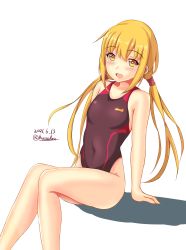 Rule 34 | 1girl, black one-piece swimsuit, blonde hair, breasts, competition swimsuit, dated, feet out of frame, highleg, highleg swimsuit, highres, invisible chair, kantai collection, long hair, low twintails, montemasa, one-hour drawing challenge, one-piece swimsuit, satsuki (kancolle), shadow, simple background, sitting, small breasts, solo, swimsuit, twintails, twitter username, white background, yellow eyes
