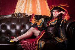 Rule 34 | 1girl, animal print, black hair, bug, butterfly, butterfly print, corset, cosplay, couch, fishnets, gold nails, high heels, ichihara yuuko, insect, japanese clothes, kimono, lady rosetea, long hair, nail polish, photo (medium), solo, thighhighs, tufted upholstery, xxxholic