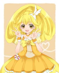 Rule 34 | 10s, 1girl, blonde hair, boots, bow, choker, cure peace, double v, dress, hair flaps, izamin, kise yayoi, long hair, magical girl, open mouth, ponytail, precure, skirt, smile, smile precure!, solo, tiara, v, wrist cuffs, yellow bow, yellow dress, yellow eyes, yellow skirt, yellow theme