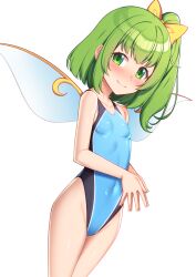 Rule 34 | 1girl, bare arms, bare legs, bare shoulders, blue one-piece swimsuit, blush, breasts, closed mouth, collarbone, covered navel, cowboy shot, daiyousei, fairy, fairy wings, green eyes, green hair, kouzuki tsubasa (musou kaidou), long hair, looking at viewer, one-piece swimsuit, second-party source, side ponytail, small breasts, smile, solo, swimsuit, touhou, transparent background, wings
