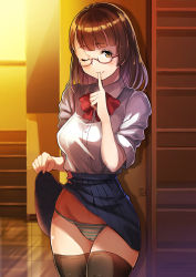 Rule 34 | 1girl, ;), against wall, black thighhighs, blue skirt, blunt bangs, blush, bow, bowtie, breasts, brown eyes, brown hair, buttons, closed mouth, clothes lift, collared shirt, cowboy shot, evening, finger to mouth, glasses, hiroki (hirokiart), indoors, legs together, long hair, looking at viewer, one eye closed, original, panties, pleated skirt, red-framed eyewear, red bow, red bowtie, reflection, school uniform, semi-rimless eyewear, shelf, shirt, short sleeves, shushing, skirt, skirt lift, smile, solo, stairs, standing, striped clothes, striped panties, sunset, tareme, thighhighs, under-rim eyewear, underwear, white shirt, wing collar