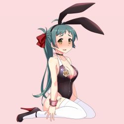 Rule 34 | 10s, 1girl, adapted costume, animal ears, black leotard, blush, braid, breasts, choker, french braid, green hair, irako (kancolle), kantai collection, leotard, long hair, looking at viewer, medium breasts, name tag, pink background, ponytail, rabbit ears, rabbit tail, signature, simple background, sitting, solo, tail, thighhighs, tun, wariza, white thighhighs, wrist cuffs, yellow eyes
