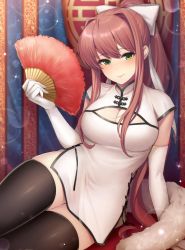 Rule 34 | 1girl, alternate costume, arm support, black thighhighs, blush, bow, breasts, brown hair, china dress, chinese clothes, cleavage, cleavage cutout, closed mouth, clothing cutout, commentary request, doki doki literature club, dress, elbow gloves, gloves, green eyes, hair bow, hand fan, high ponytail, holding, holding fan, leaning to the side, long hair, looking at viewer, medium breasts, monika (doki doki literature club), nose blush, pantsu majirou, ponytail, reclining, shawl, short dress, short sleeves, side slit, sidelocks, smile, solo, sparkle, thighhighs, very long hair, white bow, white dress, white gloves