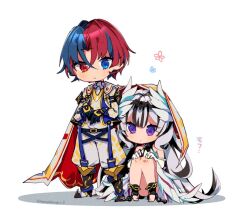 Rule 34 | 1boy, 1girl, alear (fire emblem), alear (male) (fire emblem), bare legs, black hair, blue eyes, blue hair, brother and sister, chibi, double-parted bangs, fire emblem, fire emblem engage, full body, heterochromia, long hair, mugimugis, multicolored hair, nintendo, purple eyes, red eyes, red hair, siblings, simple background, streaked hair, two-tone hair, very long hair, veyle (fire emblem), white background, white hair