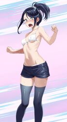 Rule 34 | 1girl, ace trainer (pokemon), bare arms, black hair, black shorts, blush, bra, breasts, creatures (company), embarrassed, feet out of frame, female focus, floating hair, front-tie bra, game freak, grey thighhighs, hair between eyes, highres, long hair, looking at viewer, midriff, navel, nintendo, open mouth, panties, pokemon, pokemon hgss, ponytail, short shorts, shorts, small breasts, solo, standing, stomach, sweatdrop, swept bangs, thighhighs, tsukishiro saika, underboob, underwear, wavy mouth, white bra, white panties, zettai ryouiki