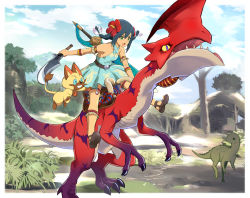 Rule 34 | 1girl, blue dress, blue hair, braid, breasts, cat, character request, claws, dinosaur, dress, flower, full body, green eyes, hair flower, hair ornament, hibiscus, highres, holding, holding sword, holding weapon, jumping, monster, monster hunter (series), monster hunter stories 2, nyoro (nyoronyoro000), open mouth, red flower, riding, scales, sharp teeth, short dress, slit pupils, small breasts, sword, teeth, twin braids, v-shaped eyebrows, weapon, weapon on back
