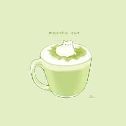 Rule 34 | artist name, cat, chai (drawingchisanne), cup, drink, food focus, green background, no humans, original, simple background, white cat