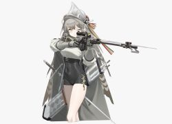 Rule 34 | 1girl, 2t (vmyz7342), arknights, bow (weapon), bright pupils, cape, covered navel, cropped legs, crossbow, fartooth (arknights), feather hair, gauntlets, grey hair, high-waist shorts, highres, holding, holding crossbow, holding weapon, one eye closed, quiver, shorts, sword, visor (armor), weapon, white pupils, yellow eyes