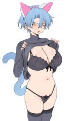 Rule 34 | 1girl, absurdres, animal ears, aochoku, black bra, black panties, black sweater, black thighhighs, blue hair, blush, bra, breasts, cat ears, cat tail, clothes lift, commentary, ear piercing, fake animal ears, fake tail, glasses, hair between eyes, highres, large breasts, open mouth, original, panties, piercing, round eyewear, short hair, simple background, solo, sweat, sweater, sweater lift, symbol-only commentary, tail, thighhighs, turtleneck, turtleneck sweater, underwear, white background