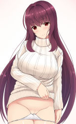 Rule 34 | 1girl, blush, breasts, brown hair, cleft of venus, clothes lift, fate/grand order, fate (series), highres, large breasts, lifted by self, long hair, looking at viewer, mizunashi kenichi, no pants, panties, panty pull, pink hair, pussy, red eyes, ribbed sweater, scathach (fate), shiny skin, simple background, smile, solo, sweater, sweater lift, turtleneck, uncensored, underwear, white background, white panties