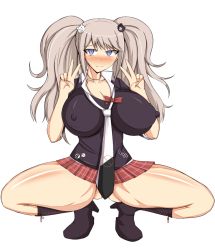 Rule 34 | 10s, 1girl, blue eyes, boots, breasts, cleavage, covered erect nipples, danganronpa: trigger happy havoc, danganronpa (series), double v, enoshima junko, female focus, hair ornament, huge breasts, kneehighs, long hair, long twintails, miniskirt, musuka (muska), nipples, school uniform, silver hair, simple background, skirt, socks, solo, squatting, thighs, twintails, v, white background