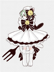 Rule 34 | arms behind back, bell, blush, bow, cat girl, cat tail, dejiko, di gi charat, dress, fork, green eyes, green hair, hair bell, hair ornament, hat, holding, holding fork, looking to the side, neck bell, nordic50425, standing, tail, tail bow, tail ornament, white footwear, white hat