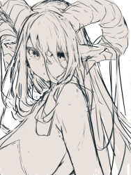 Rule 34 | 1girl, bare shoulders, breasts, commentary request, from side, greyscale, hair between eyes, highres, horns, large breasts, long hair, looking at viewer, looking to the side, monochrome, original, simple background, sketch, solo, upper body, very long hair, white background, yuuji (yukimimi)