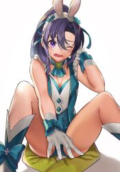 Rule 34 | 1girl, animal ears, asymmetrical bangs, bare legs, between legs, blue footwear, blue leotard, blush, boots, breasts, cleavage, covering crotch, covering privates, eyebrows hidden by hair, fake animal ears, fir (fire emblem), fire emblem, fire emblem: the binding blade, fire emblem heroes, gloves, hair between eyes, hand between legs, hand in own hair, highres, knee boots, leotard, long hair, looking at viewer, m legs, medium breasts, nintendo, one eye closed, open mouth, panda inu, parted bangs, playboy bunny, ponytail, purple eyes, purple hair, rabbit ears, shadow, simple background, sitting, sleeveless, solo, spread legs, sweatdrop, thighs, white background, white gloves