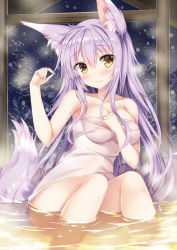 1girl, animal ear fluff, animal ears, bangs, blush, breasts, cleavage, closed mouth, collarbone, embarrassed, eyebrows visible through hair, floating hair, hair between eyes, highres, long hair, looking at viewer, medium breasts, naked towel, original, purple hair, shiny, shiny hair, smile, snowing, solo, tail, tateha (marvelous grace), towel, very long hair, white towel, yellow eyes