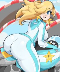 Rule 34 | 1girl, ass, biker clothes, bikesuit, blonde hair, blue eyes, bmayyne, bodysuit, breasts, earrings, female focus, hair over one eye, heart, highres, huge ass, jewelry, large breasts, long hair, looking at viewer, mario (series), mario kart, mario kart wii, motor vehicle, motorcycle, nintendo, open mouth, rosalina, shiny clothes, super mario galaxy