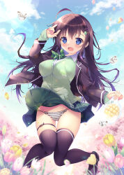 Rule 34 | 1girl, :d, ahoge, animal, arm up, bag, black footwear, black hair, black jacket, black thighhighs, blazer, blue eyes, blue sky, bow, bow panties, bread, breasts, bug, butterfly, cardigan, clothes lift, cloud, collared shirt, day, dress shirt, fang, flower, food, gluteal fold, green bow, green cardigan, green skirt, groin, hair between eyes, hair ornament, hairclip, highres, holding, holding bag, insect, jacket, loafers, long hair, long sleeves, looking at viewer, medium breasts, melon bread, mikeou, open clothes, open jacket, open mouth, original, outdoors, panties, petals, pink flower, plaid, plaid skirt, plastic bag, pleated skirt, school uniform, shirt, shoes, skindentation, skirt, skirt lift, sky, sleeves past wrists, smile, solo, striped clothes, striped panties, thigh gap, thighhighs, underwear, very long hair, white flower, white shirt, yellow flower