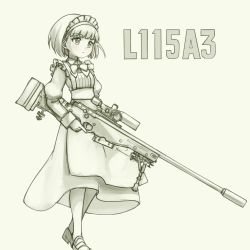 Rule 34 | 1girl, apron, bow, bowtie, closed mouth, dress, frills, grey background, greyscale, gun, highres, holding, holding gun, holding weapon, juliet sleeves, l115a3, loafers, long dress, long sleeves, maid, maid apron, maid headdress, monochrome, original, pas (paxiti), puffy sleeves, rifle, shoes, short hair, simple background, sniper rifle, solo, trigger discipline, walking, weapon