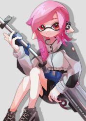 Rule 34 | 1girl, black shorts, closed mouth, commentary request, diagonal bangs, e-liter 4k (splatoon), earrings, eyebrow cut, gun, highres, holding, holding gun, holding weapon, icebo x x, inkling, inkling girl, inkling player character, invisible chair, jacket, jewelry, long hair, looking at viewer, nintendo, pink hair, pointy ears, red eyes, shorts, simple background, sitting, sleeves past wrists, smile, solo, splatoon (series), splatoon 3, tentacle hair, weapon, white background