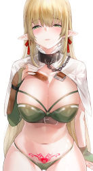 Rule 34 | 1girl, belt, blonde hair, bra, breasts, capelet, chain, cleavage, closed mouth, collar, collarbone, commentary request, elf, green bra, green eyes, green panties, half-closed eyes, hand up, highres, kfr, large breasts, long hair, looking at viewer, navel, original, panties, pointy ears, pubic tattoo, red ribbon, ribbon, sidelocks, simple background, solo, stomach, sweat, tattoo, thighs, underwear, very long hair, white background