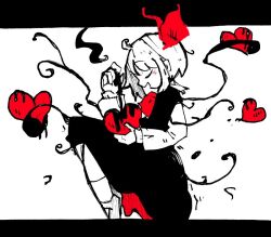 Rule 34 | 1girl, ascot, black vest, blonde hair, bow, closed eyes, darkness, full body, hair bow, hair ribbon, heart, limited palette, mokumoku22, open mouth, red ascot, red bow, ribbon, rumia, short hair, skirt, skirt set, touhou, vest, white background