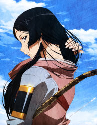 Rule 34 | 1girl, absurdres, angolmois genkou kassenki, artist request, black hair, blue sky, cloud, cloudy sky, day, fingernails, grey eyes, highres, holding, holding hair, japanese clothes, kimono, long hair, looking at viewer, magazine scan, mole, mole under eye, newtype, official art, outdoors, pink kimono, scan, sky, solo, teruhi (angolmois)