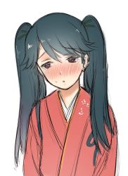 Rule 34 | 10s, 1girl, alternate hairstyle, anchor print, bad id, bad twitter id, black hair, blush, commentary request, eyebrows, grey eyes, hair ribbon, hinya (wabi), houshou (kancolle), japanese clothes, kantai collection, kimono, long hair, looking to the side, parted lips, ribbon, simple background, sketch, solo, sweatdrop, twintails, upper body, white background