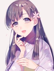 Rule 34 | 10s, 1girl, bad id, bad twitter id, braid, brown eyes, brown hair, floral print, flower, hair flower, hair ornament, hand on own face, hazuki mizuho, highres, idolmaster, idolmaster cinderella girls, japanese clothes, kimono, kobayakawa sae, long hair, long sleeves, looking at viewer, musical note, open mouth, pink kimono, simple background, smile, solo, upper body