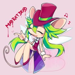 Rule 34 | 1girl, animal ears, blush stickers, breasts, furry, green hair, hat, highres, leotard, mad rat dead, mouse (animal), mouse ears, mouse girl, mouse tail, musical note, nippon ichi, rat god, red eyes, tail, top hat, victu00f2ria, wings, wrist cuffs