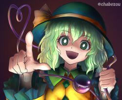 Rule 34 | 1girl, chabezou, closed eyes, dot nose, green eyes, green hair, hair between eyes, hat, heart, highres, komeiji koishi, looking at viewer, medium hair, one-hour drawing challenge, open mouth, pointing, pointing at viewer, purple background, simple background, smile, solo, touhou