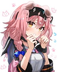 Rule 34 | 1girl, absurdres, animal ears, arknights, black hairband, blue bow, blush, bow, braid, brown eyes, cat ears, flying sweatdrops, goldenglow (arknights), hair bow, hairband, hands up, heart, highres, horn/wood, jacket, lightning bolt print, long hair, long sleeves, looking at viewer, multicolored clothes, multicolored jacket, open clothes, open jacket, parted lips, pink hair, shirt, side braid, solo, two-tone jacket, white background, white shirt, wristband