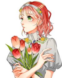 Rule 34 | 1girl, flower, green eyes, hands up, highres, leaf, medium hair, mole, mole under eye, mole under mouth, moru0308, orange flower, original, parted lips, plant, puffy short sleeves, puffy sleeves, red flower, red hair, short sleeves, simple background, solo, upper body, white background