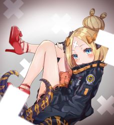 Rule 34 | 1girl, abigail williams (fate), abigail williams (traveling outfit) (fate), black bow, black jacket, blonde hair, blue eyes, blurry, blurry foreground, blush, bow, closed mouth, commentary request, cross-laced footwear, depth of field, fate/grand order, fate (series), gradient background, grey background, hair bow, hair bun, high heels, highres, jacket, legs up, long hair, long sleeves, looking at viewer, looking to the side, nuko miruku, official alternate costume, orange bow, parted bangs, polka dot, polka dot bow, red bow, red footwear, single hair bun, sleeves past fingers, sleeves past wrists, solo, strappy heels, stuffed animal, stuffed toy, suction cups, teddy bear, tentacles, tongue, tongue out