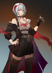 Rule 34 | 1girl, absurdres, antenna hair, arknights, bare shoulders, belt, belt pouch, black coat, black skirt, black thighhighs, breasts, brown background, cleavage, closed mouth, coat, collarbone, feet out of frame, gradient background, grey background, grey shirt, high-waist skirt, highres, horns, long sleeves, looking at viewer, medium breasts, multicolored hair, naoel (naoel art), off shoulder, open clothes, open coat, orange eyes, pouch, red eyes, red hair, shirt, short hair, silver hair, skirt, smile, solo, standing, tank top, thigh pouch, thigh strap, thighhighs, two-tone hair, w (arknights), zettai ryouiki