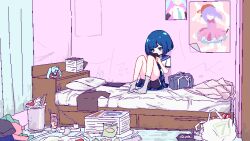 Rule 34 | 1girl, aqua eyes, bag, bag of chips, bed, bed sheet, black shorts, blue hair, blue neckerchief, blue sailor collar, blue skirt, blunt bangs, blush, bob cut, book, cellphone, character request, charger, chibikki, clothes on bed, clothes on floor, curtains, dot nose, electrical outlet, figure, food, hatsune miku, highres, holding, holding phone, indoors, knees up, loaded interior, messy room, nanako (chibikki), neckerchief, nissin cup noodle, on bed, original, phone, pillow, pixel art, pleated skirt, poster (object), sailor collar, school bag, school uniform, serafuku, short hair, short sleeves, shorts, sitting, skirt, smartphone, socks, solo, trash bag, trash can, vocaloid, white serafuku, white socks, wide shot