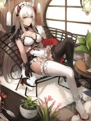 Rule 34 | 1girl, absurdres, apron, asymmetrical footwear, asymmetrical gloves, asymmetrical legwear, black footwear, black gloves, black thighhighs, blue eyes, book, breasts, carpet, chair, demon girl, demon horns, demon tail, fang, fang out, garter straps, gloves, high heels, highres, horns, kanniiepan, charm (object), lantern, long hair, looking at viewer, maid, maid apron, maid headdress, mismatched footwear, mismatched gloves, mismatched legwear, petals, plant, pointy ears, potted plant, sitting, table, tail, thighhighs, thighs, vei (vtuber), vei (vtuber) (4th costume), virtual youtuber, vshojo, white footwear, white gloves, white thighhighs, window